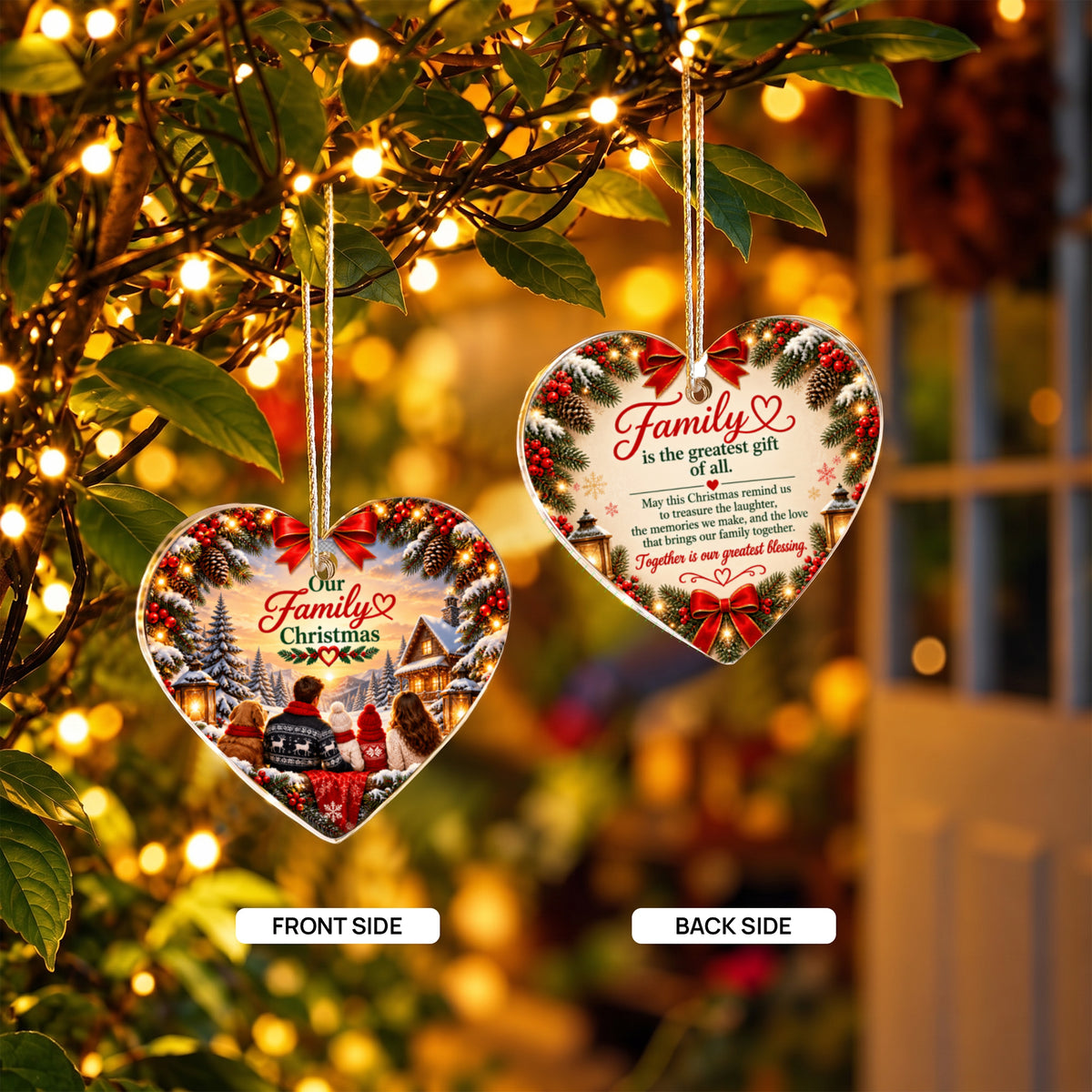 Our Family Christmas Heart Ornament – Double-Sided Acrylic Keepsake