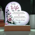 To My Wife Heart Acrylic Plaque with LED Base – Romantic Floral Love Gift from Husband